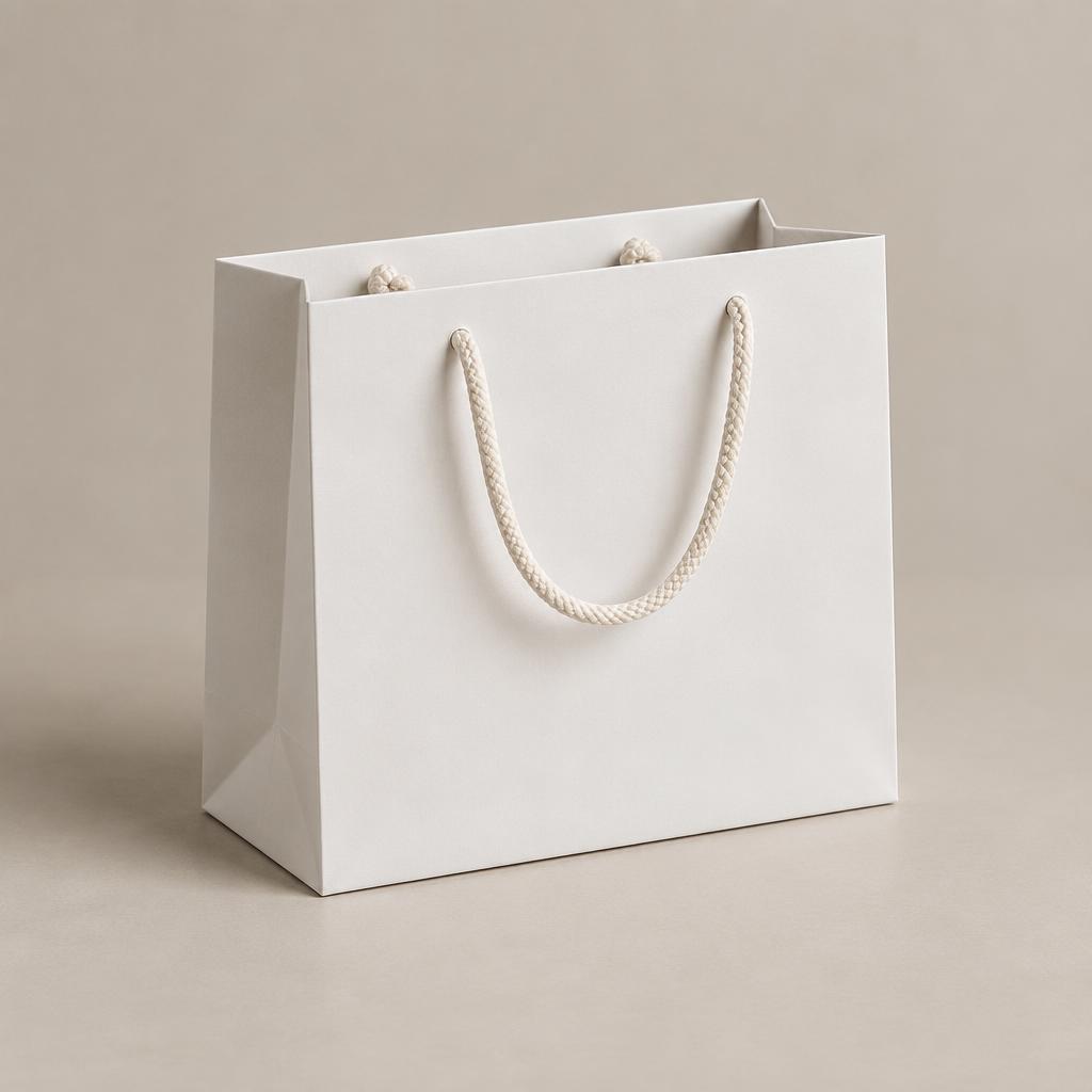 Realistic small white paper bag with cotton rope handles in a studio setting