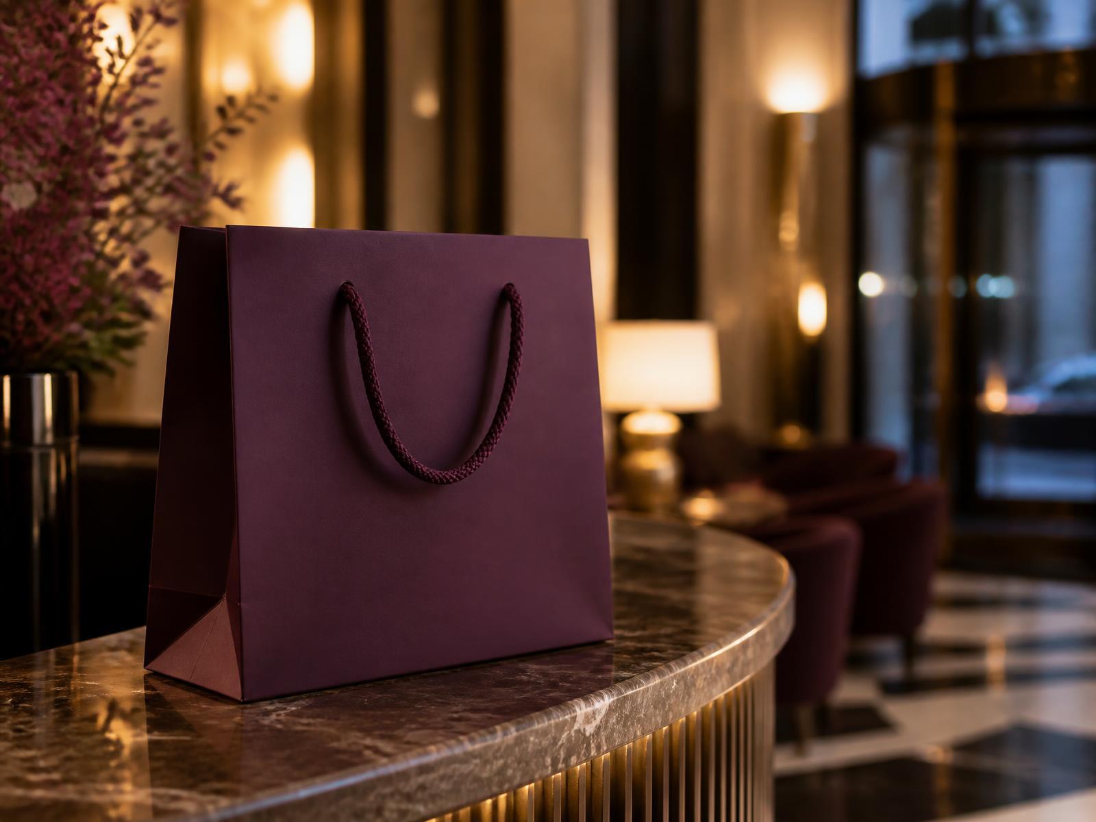 Plum rope-handle carrier bag on a hotel reception counter