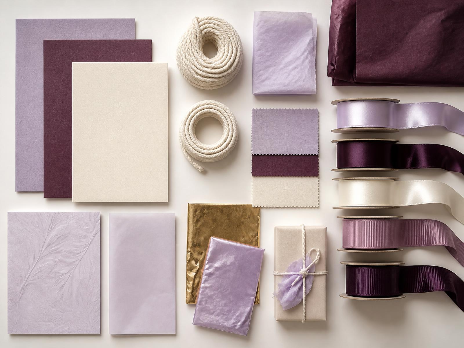 Flat lay of paper swatches, cotton rope and ribbon spools